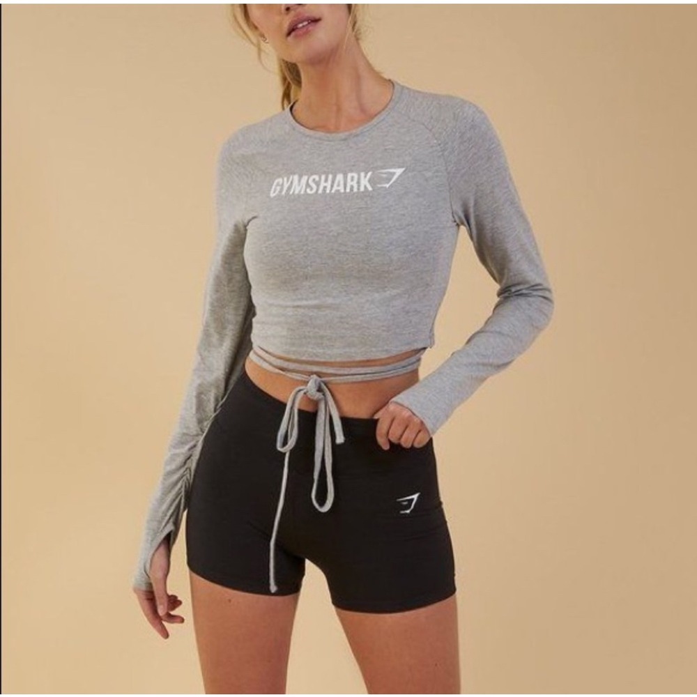 Gymshark Long Sleeve Ribbon Crop Top Gray White‎ Wrap around blouse workout Mes